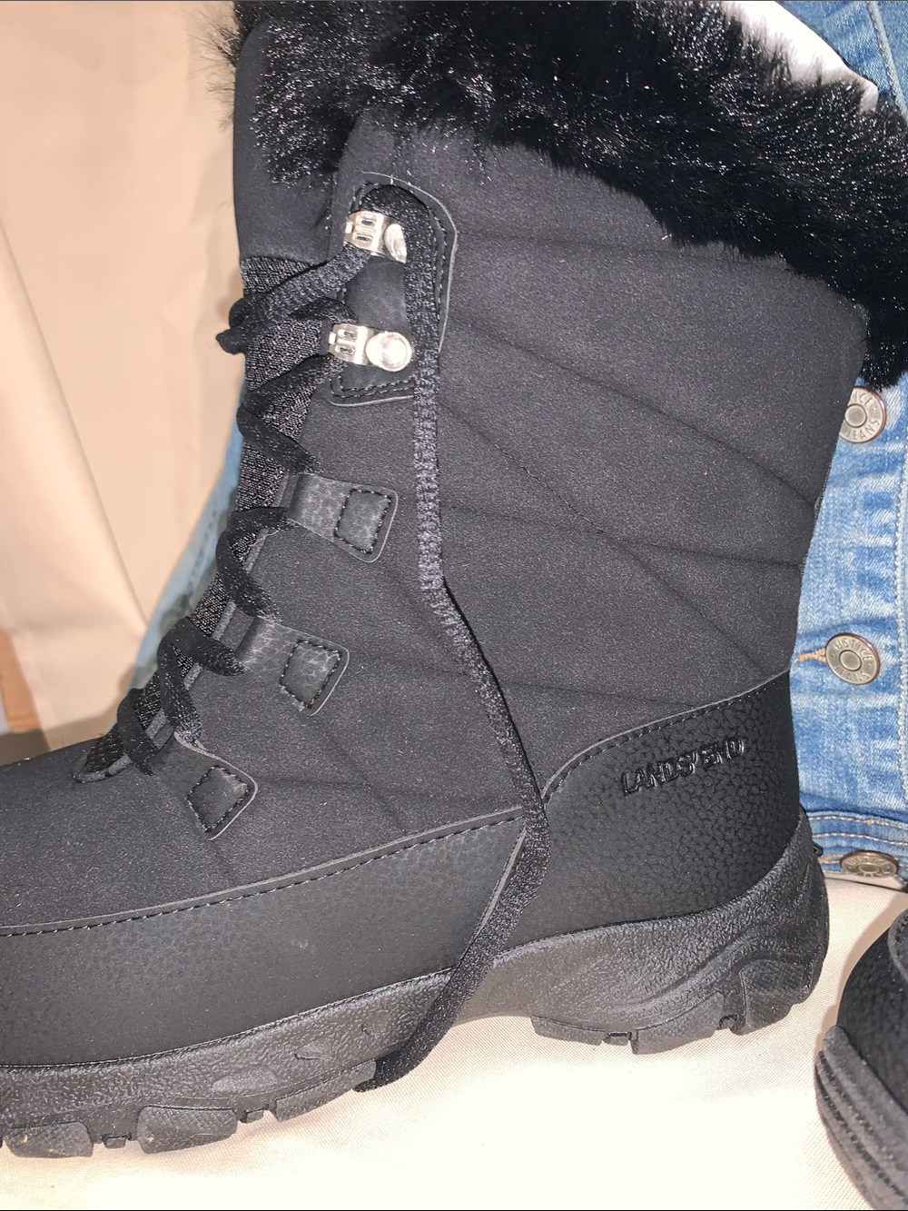 Lands' End Black Women's Fur-Trim Insulated Winter Boots
